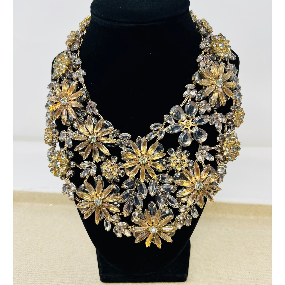 Champagne Gold Floral Crystal Bib Bulky Statement Necklace Smoky Grey Rhinestone